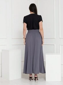 Women's Long Skirt In High Waist With Pocket And Viscose Fabric Lining - Xám - Xem 3