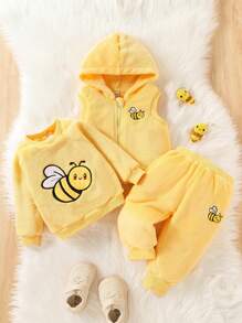 女婴 3 件套：时尚可爱刺绣蜜蜂无袖夹克、刺绣运动衫和长裤套装 - 黃色 - 查看 1