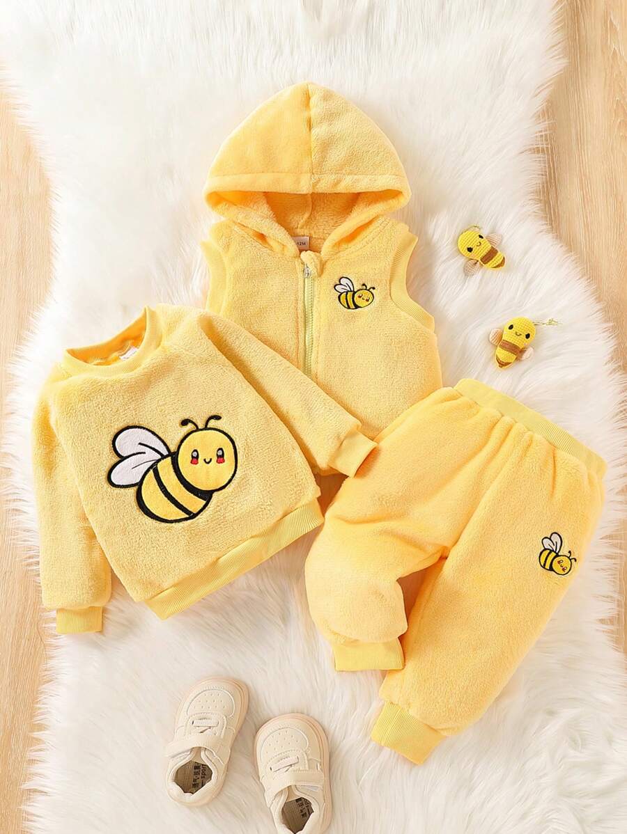 女婴 3 件套：时尚可爱刺绣蜜蜂无袖夹克、刺绣运动衫和长裤套装 - 黃色 - 查看 1