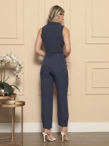 Women's Two Piece Set With Striped Vest And Pants - Blue - View 2