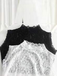 New Detachable Collar Elastic Lace Overlay Sleeveless Top With Floral Lace Trim, Plus Size, Suitable For Autumn/Winter
