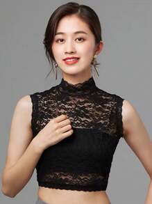 New Detachable Collar Elastic Lace Overlay Sleeveless Top With Floral Lace Trim, Plus Size, Suitable For Autumn/Winter