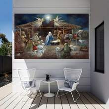 1pc Religious Christmas Nativity Scene Banner, Jesus In Manger Background Wall Art Decor Photography Backdrop - Multicolor - View 5