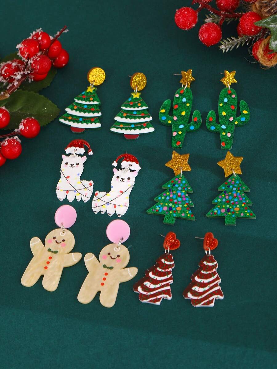 6 Cặp Hoa Tai Thời Trang Mới Hoạt Hình Cây Thông Noel, Cừu, Người Bánh Gừng Trang Trí Cho Bữa Tiệc Giáng Sinh Và Sự Kiện - Nhiều màu - Xem 1