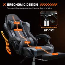 Sweetcrispy Video Game Desk Chair - Ergonomic Computer With Footrest And Comfy Lumbar Support, PU Leather Recliner With Headrest, Fixed Up Armrest, Height Adjustable With 360° Swivel - 灰色 - 查看 4