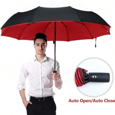 1pc Dual Layer Automatic Windproof Umbrella, 10-Rib One-Key Open & Close, Reinforced Anti-Wind Rain Umbrella, Multi-Function Travel Umbrella, Back To School Supplies Back To School