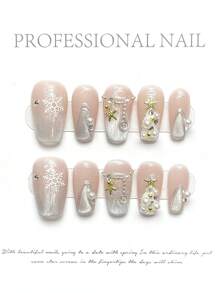 YADORNOS 10pcs Christmas Pink Cat Eye Snowflake 3D Pearl Christmas Tree Handmade Press On Nails, Long Coffin Full Cover Reusable Fake Nail Tips With Jelly Glue And Nail File, Home DIY Nail Supplies Xmas Christmas New Year Gifts