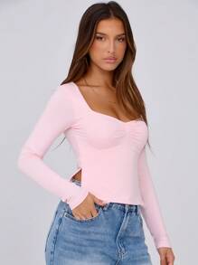 Y2K风格粉色甜心领长袖侧开衩露脐T恤，春夏休闲款 - 粉色 - 查看 8