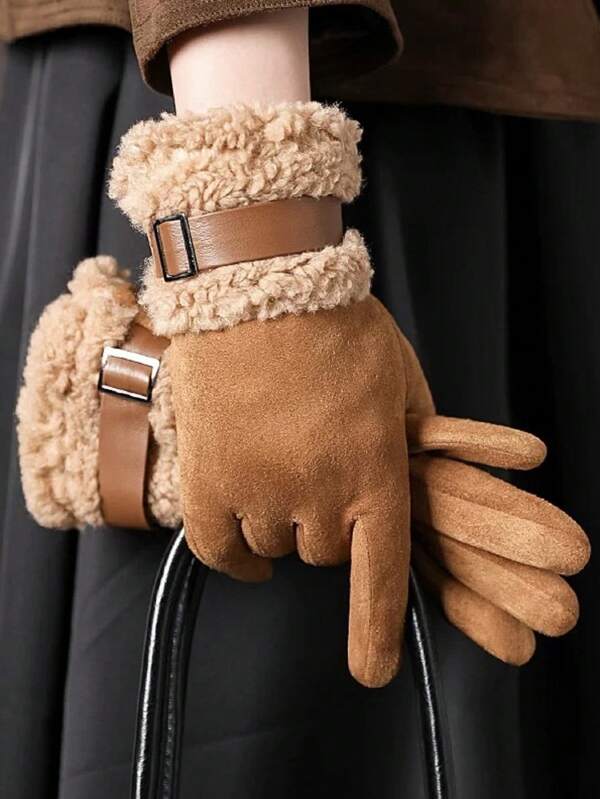 قفاز نسائي مبطن بفرو مُصنَّع من المخمل الصناعي للخريف والشتاء المناسب لموسم هالوين