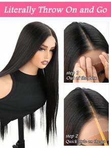 30 tums rak peruk, långa hår peruker svarta syntetiska peruker T del spets främre peruk Förplockade rakt hår peruker för kvinnor 30 tum limlösa peruker - Svart - Visa 4