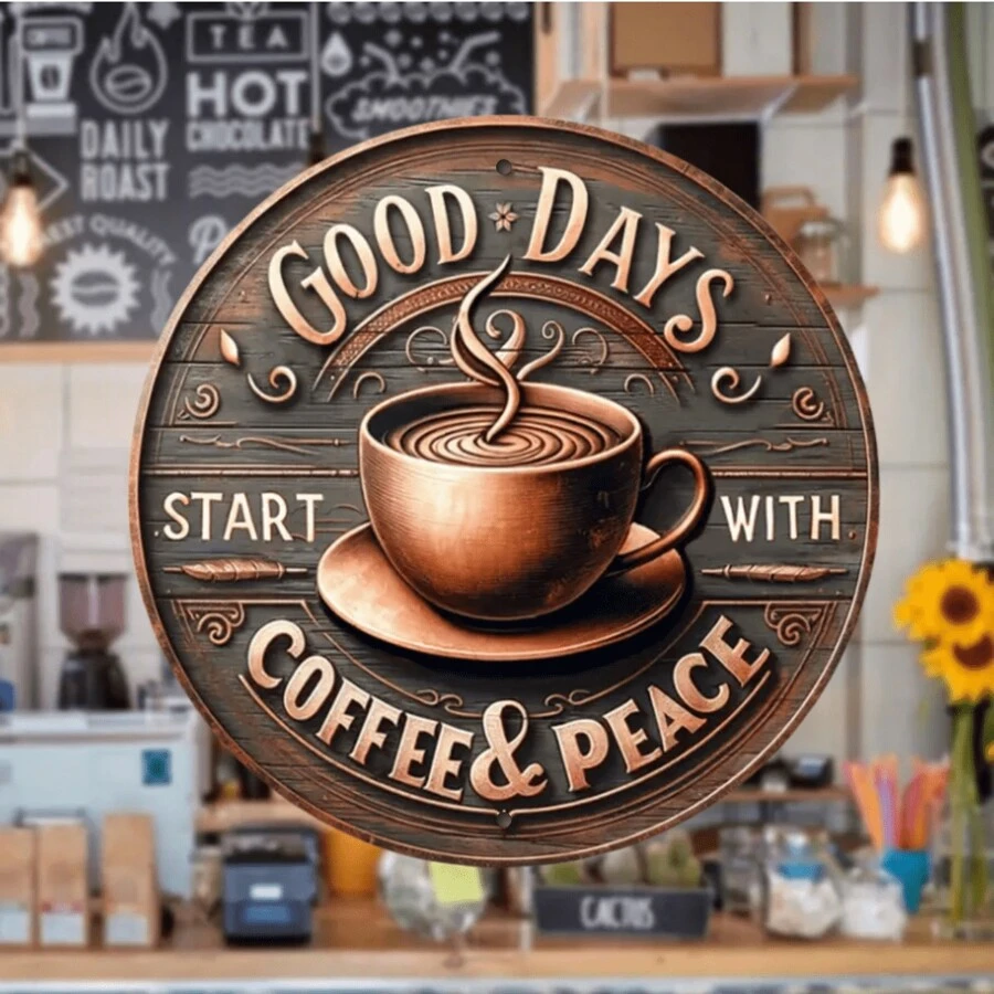 1 个咖啡杯金属标牌（8x8 英寸），复古风格“咖啡与和平让生活更美好”圆形牌匾，非常适合厨房、家庭、办公室、咖啡店、户外装饰、墙壁艺术、乔迁礼物、原材料，顶部、底部、左侧和右侧随机分布孔，家居装饰、房间装饰、墙壁装饰 - 彩色 - 查看 1