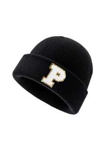 1 pieza Gorro de punto para niños con 26 letras del alfabeto, gorro de punto personalizado cálido para bebés e infantes, adecuado para uso diario de niños y niñas