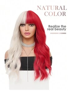 角色扮演假发红色金发混合 26 英寸长卷发水波带刘海 Y2K 合成纤维假发女士派对假发逼真自然性感迷人万圣节耐热假发 - 拼色 - 查看 4