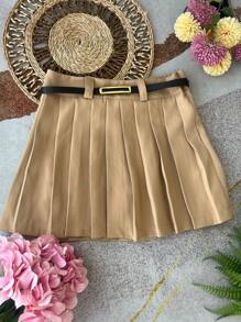 Women's Tailored Pleated Skirt Shorts With Zip And Belted Waist - 卡其色 - 查看 1