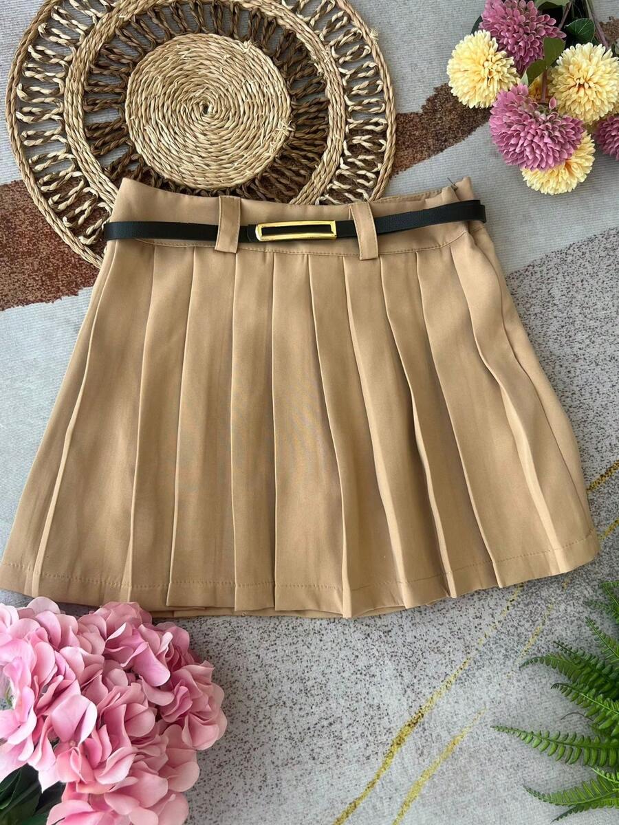 Women's Tailored Pleated Skirt Shorts With Zip And Belted Waist - 卡其色 - 查看 1