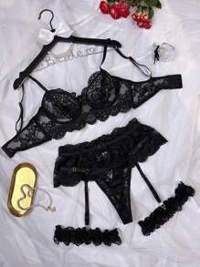 4pcs Women's Sexy Black Lace Floral Hollow Out Lingerie Set, Intimate Seductive Club Nightwear For Valentine's Day For Rave For Going Out