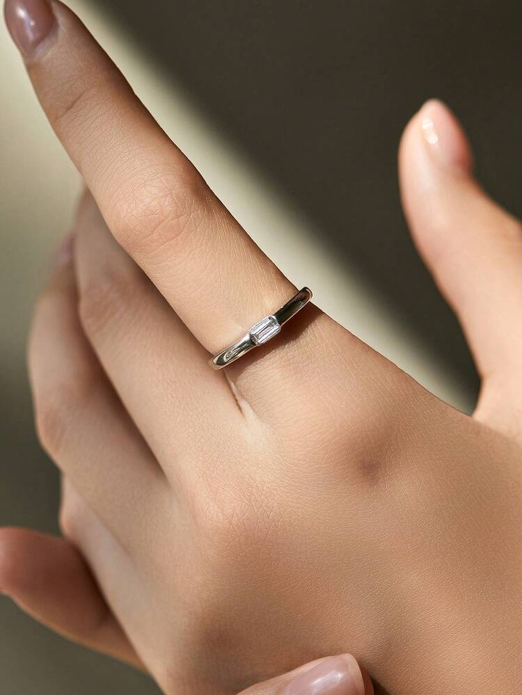 MODIAN 925 纯银经典简约矩形锆石可叠戴指环女士结婚戒指精美珠宝 - 銀色 - 查看 2