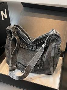 2024 New Minimalist Large Capacity Casual Jeans Crossbody Bag, Ripped Detail Decoration, Street Style, Adjustable Shoulder Strap, Unisex Solid Color Shoulder Bag For College Students, Perfect For Cow Girl