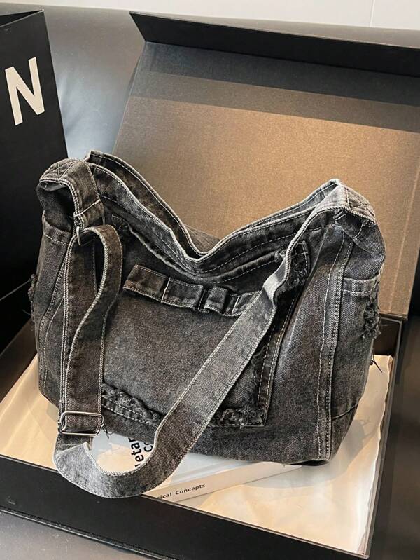 2024 New Minimalist Large Capacity Casual Jeans Crossbody Bag, Ripped Detail Decoration, Street Style, Adjustable Shoulder Strap, Unisex Solid Color Shoulder Bag For College Students, Perfect For Cow Girl