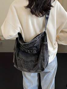 2024 New Minimalist Large Capacity Casual Jeans Crossbody Bag, Ripped Detail Decoration, Street Style, Adjustable Shoulder Strap, Unisex Solid Color Shoulder Bag For College Students, Perfect For Cow Girl