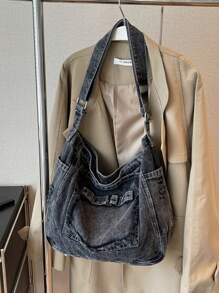 2024 New Minimalist Large Capacity Casual Jeans Crossbody Bag, Ripped Detail Decoration, Street Style, Adjustable Shoulder Strap, Unisex Solid Color Shoulder Bag For College Students, Perfect For Cow Girl