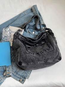 2024 New Minimalist Large Capacity Casual Jeans Crossbody Bag, Ripped Detail Decoration, Street Style, Adjustable Shoulder Strap, Unisex Solid Color Shoulder Bag For College Students, Perfect For Cow Girl