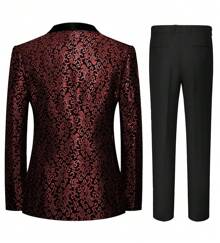 2-Piece Slim Fit Floral Tuxedo Suit Shawl Lapel Formal Wear For Wedding Dinner Party Blazer Jacket Set With Classic Design - Màu Đỏ Sâu - Xem 2