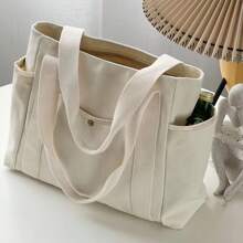 1pc Large Capacity Canvas Solid Letter Tote Bag Versatile Handbag For Commuter Work Student Class Underarm Women's Bag Shopping Bag