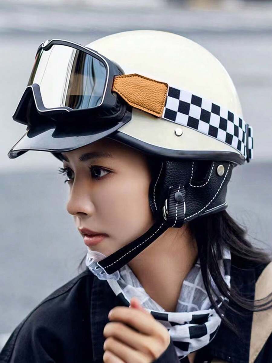 1入復古機車電動車騎行半頭盔，中性摩托車電動自行車安全帽，帶護目鏡，全季通用 - 白色 - 查看 1