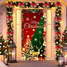 1pc,Festive Red And Green Christmas Door Cover: Merry Christmas Banner With Glittery Christmas Tree, Elk, Snowflakes - Perfect For Porch Sign, Backdrop, Or Background Decoration For Christmas, New Year, And Winter Holiday Parties - No Feathers, Hanging Style, Fabric Material,Christmas - Multicolor - View 1