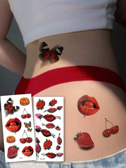 2 Sheets Big Size Body Art Temporary Tattoo Stickers For Women, Red 3d Sexy Lip Print Strawberry Cherry Butterfly Rose Pattern, Waterproof Fake Tattoo, Lasts 2-5 Days, Covering Scars,Can Be Used On Arms Wrist Shoulders Legs Waist Neck Hand Chest Thighs