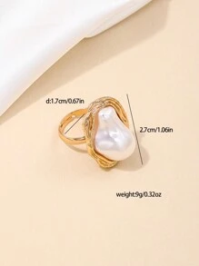 Set de 3 piezas de joyería vintage con marco de metal asimétrico, collar, aretes y anillo con perlas falsas para mujeres