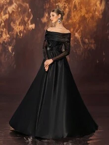 Elisanya 女士优雅性感网眼串珠拼接缎面露肩长袖正式晚礼服，黑色舞会礼服，适合婚礼宾客、毕业典礼、晚宴派对礼服、长袍 - 黑色 - 查看 6