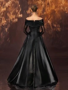 Elisanya 女士优雅性感网眼串珠拼接缎面露肩长袖正式晚礼服，黑色舞会礼服，适合婚礼宾客、毕业典礼、晚宴派对礼服、长袍 - 黑色 - 查看 3