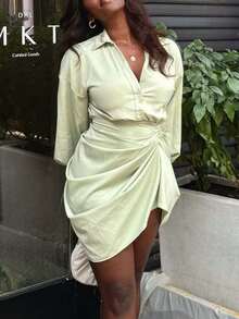 Solid Drop Shoulder Ruched Wrap Hem Shirt Dress