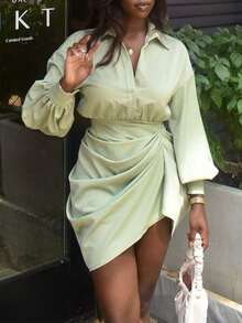 Solid Drop Shoulder Ruched Wrap Hem Shirt Dress