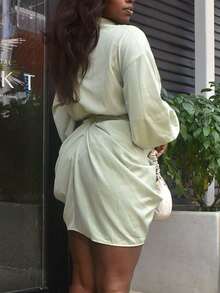 Solid Drop Shoulder Ruched Wrap Hem Shirt Dress