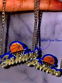定制亚克力篮球铭牌项链个性化名字吊坠项链生日礼物，银色，时尚，多彩，复古，时髦，简约，Y2k，2000 年代时尚，定制，个性化，独特，适合他的理想礼物，适合她、她、男朋友、女朋友、爸爸、妈妈、家人、朋友的理想礼物，周年纪念日、生日、毕业典礼、舞会、派对、女士项链 - golden - 查看 1