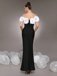 Modphy New Sexy White 3D Floral Fitted Long Bandage Dress, Women Bridesmaid Gown For Wedding, Formal Evening Party Dress Wedding Guest Dress - Black - View 6