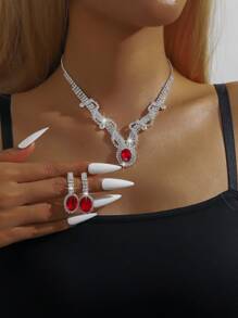 3 件套豪华珠宝套装婚礼派对女士礼服水钻装饰珠宝时尚闪亮项链和耳环套装舞会服装配饰（1 对耳环和 1 条项链）