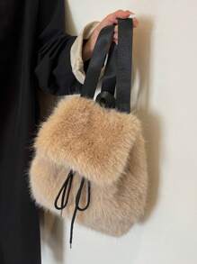 1 件优雅毛绒时尚旅行背包，大容量可爱背包，迷你可爱毛绒背包，时尚毛绒旅行背包，适合女孩和女士的可爱校园背包，完美的生日礼物 - 杏色 - 查看 6