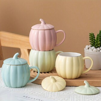 1pc 13.5oz Ceramic Pumpkin Cup With Lid, Breakfast Cup, Milk Cup, Coffee Cup, Water Cup