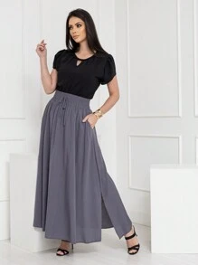 Women's Long Skirt In High Waist With Pocket And Viscose Fabric Lining - Xám - Xem 2