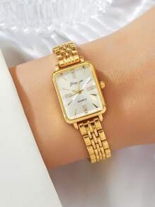 1 chiếc/bộ Đồng hồ thạch anh thanh lịch và thời trang dành cho thanh thiếu niên có mặt số hình thang và dây đeo bằng thép, thích hợp làm quà tặng sinh nhật, quà tặng Halloween, (Màu sắc trong ảnh có thể tối hơn, chỉ mang tính chất tham khảo) - Vàng - Xem 5