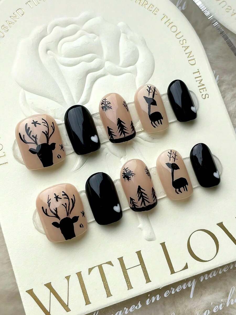 YADORNOS 10pcs Black Brown Hand Painted Christmas Tree Elk Winter Handmade Press On Nails, Square Full Cover Reusable Fake Nail Tips With Jelly Glue And Nail File, Home DIY Nail Supplies Xmas Christmas New Year Gifts