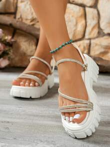 女士时尚厚底凉鞋圆头钻石带纯色一脚蹬凉鞋 - 白色 - 查看 3