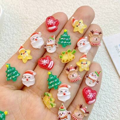 30/50/100 sztuk losowych kawaii świątecznych Mikołajów, reniferów, bałwanów, choinki tematyczne żywiczne ozdoby do paznokci, płaskie artykuły do zdobienia paznokci