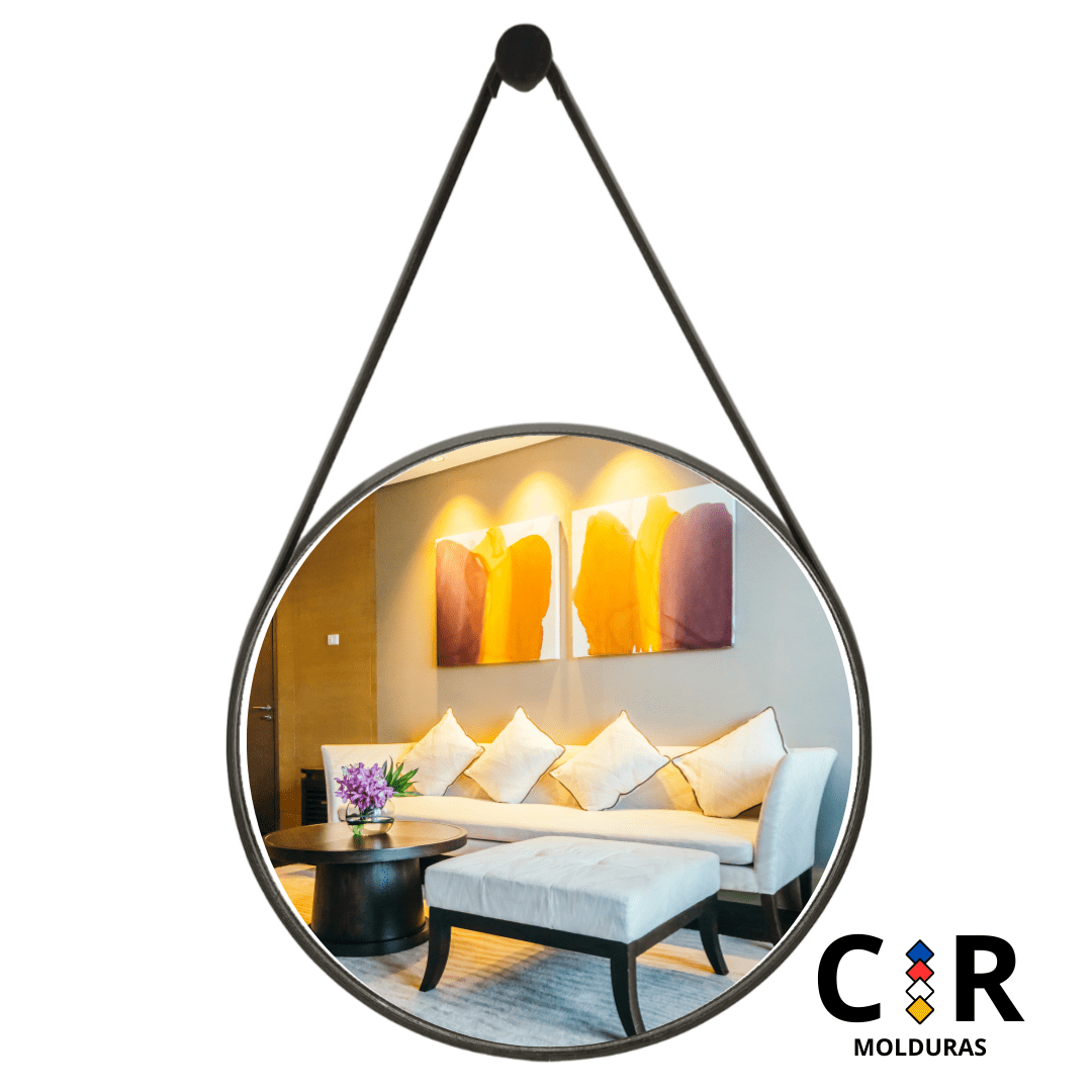 Espelho Decorativo Redondo Luxo 40, 50, 60cm C/ Alça Couro Ecologico + 5 Anos de Garantia