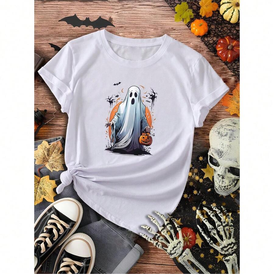 Halloween Ghost Print Women's T-Shirt - 白色 - 查看 1