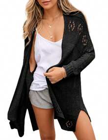 Sweater V-Neck Knitted Coat Long Sleeves Front Cardigan Thin See-Through Draped Length Knee-Length